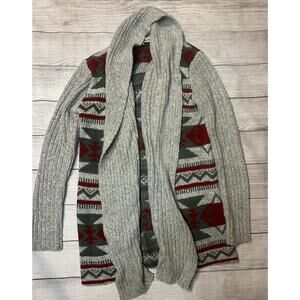 Cupcakes & Cashmere Gray Red Aztec Knit Long Cardigan Sweater Women’s Size Small